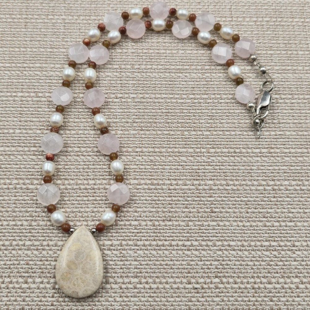 18 Inch Sterling Silver Rose Quartz Pearl Fossil Coral Necklace B863